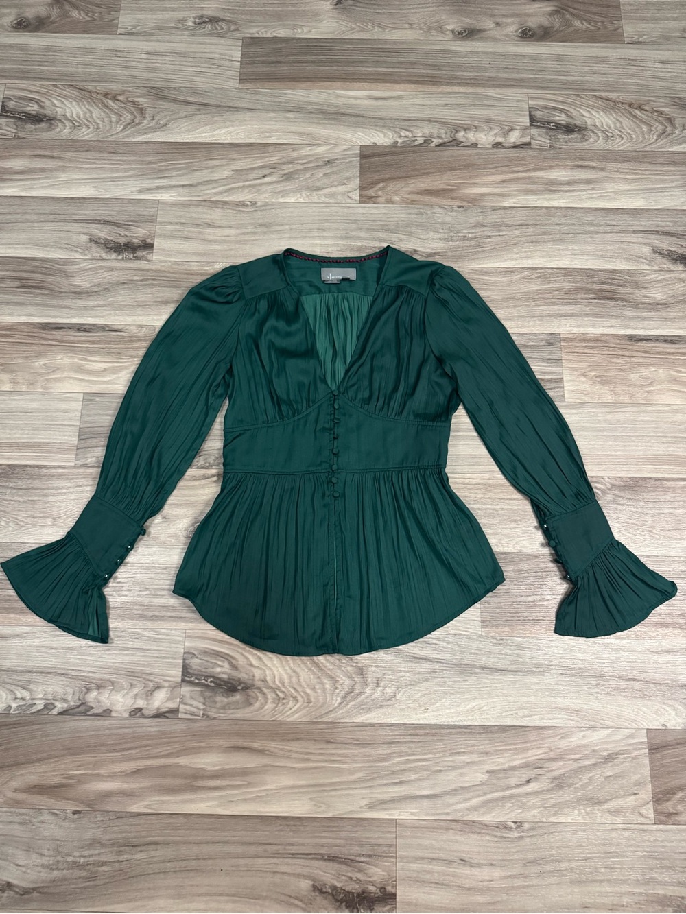 Anthropologie Deep V-Neck Tunic Blouse in Green Size Small